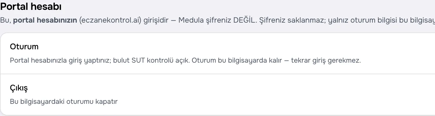 Adım 4 — Hesap › Portal hesabı: giriş yapıldı, oturum bu bilgisayarda kalır